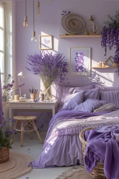 Lavender Bed Rooms Ideas, Lavender Bedroom Walls Paint, Lavender Inspired Bedroom, Room With Purple Accents, Boho Bedroom Purple, Light Purple Rooms, Lavender Boho Bedroom, Lavender Room Ideas, Lavender Room Aesthetic