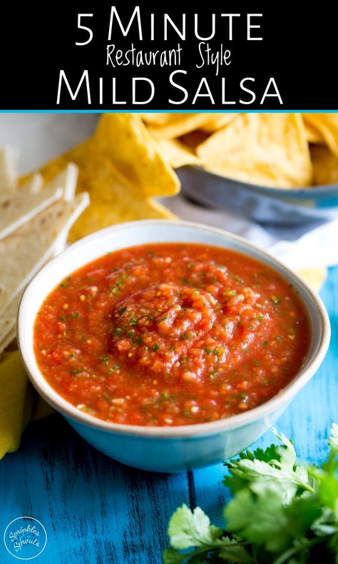 This restaurant style mild salsa recipe takes under 5 minutes to make and is a great healthy fresh homemade appetizer perfect for game day! It can be made all year round as it uses canned tomatoes! With cilantro, lime juice, onion and a few spices you can have this easy salsa on the table in minutes. Serve it with flour tortillas or with corn chips for a naturally gluten free snack. #restaurantstyle #quickrecipe #superbowlfood #easyappetizer #homemade The Best Salsa Recipe, Mild Salsa Recipe, Best Salsa Recipe, Best Salsa, Easy Salsa Recipe, Restaurant Style Salsa, Homemade Appetizer, Homemade Salsa Recipe, Mild Salsa