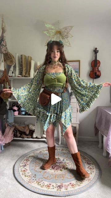 kailan on Instagram: "styling a floral fairy outfit 🧚🏻 inspired by this beautiful dress & wrap top from @gardenbelleshop 🌿

other outfit details ~
belt bag: @foragedesign 
leaf chain belt: @liberty.mai 
velvet top: @sophieantoniascott 
boots: hush puppy (thrifted)
beaded choker: @gracefforde 
butterfly necklace: @regalrose 
earrings: @bohindiestream 
scarves: thrifted
flower hair clips: ebay" Liberty Mai, Hush Puppy, Fairy Outfit, Floral Fairy, Dress Wrap, Velvet Top, Other Outfits, Chain Belt, Flower Hair Clips