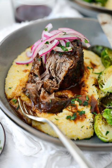 Wine Braised Pork Shoulder on cheesy grits with Brussels sprouts Braised Recipes, Creamy Cheesy Grits, Braised Pork Shoulder, Pork Shoulder Recipes, Pork Entrees, Cheesy Grits, Boneless Pork Shoulder, Goat Meat, Dinner Club