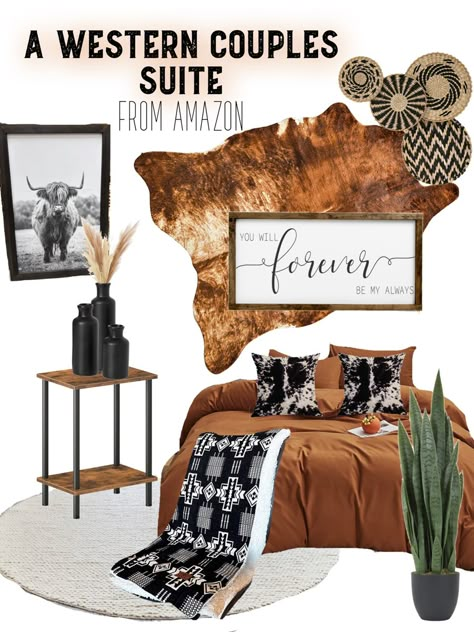 Aztec Master Room, Western Style Master Bath, Cognac Bedroom Ideas, Amazon Western Home Decor, Modern Southwest Bedroom Ideas, Western Boho Master Bedrooms, Southwest Modern Home, Diy Cowhide Headboard, Western Boho Bedding