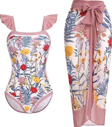 Women's One Piece Swimsuit with Cover up Beach Skirt Retro Floral Printed Swimsuit Bathing Suit Ruffle V-neck Monokini Swimwear Sarong Coverups Two Piece Bikini Set Beachwear Dusty Pink Floral M at Amazon Women’s Clothing store Vintage Inspired Swimwear, Elegant Swimwear, Wrap Bathing Suit, Beach Wear Outfits, Swimsuit Design, Beach Skirt, Print Swimwear, 2 Piece Swimsuits, Print Swimsuit