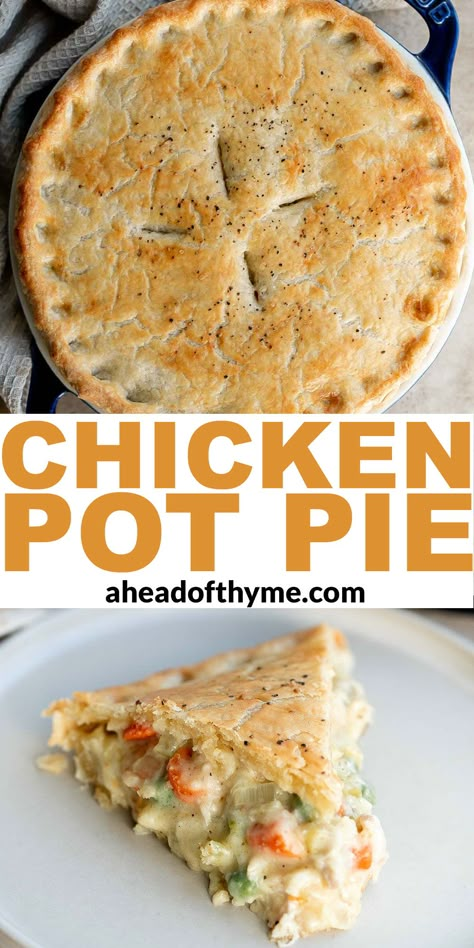 There’s nothing quite like a homemade chicken pot pie, and this creamy, protein-packed, veggie-filled, easy chicken pot pie lives up to expectations. It’s loaded with a savory and indulgent filling that is carefully contained by a crispy, buttery, and flaky homemade pie crust. This comforting dish is just what you need when you are craving something warm and cozy on a chilly day this fall and winter. Plus, it stores and freezes well! | aheadofthyme.com #chickenpotpie #lefto via @aheadofthyme Kfc Chicken Pot Pie Recipe, Copycat Kfc Chicken, Homemade Pot Pie, Individual Chicken Pot Pies, Copycat Kfc, Chicken Pot Pie Filling, Mini Chicken Pot Pies, Homemade Chicken Pot Pie, Chicken Pot Pies