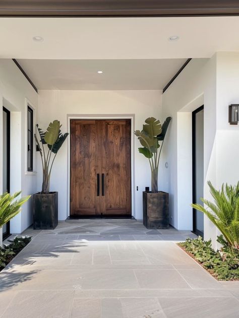 House Entrance Ideas Entryway Exterior Modern, Minimalist House Entrance, Minimalist Home Design Exterior, Florida Front Porch Ideas, Front Porch Minimalist, Modern Farmhouse Entrance, Minimalist Front Door, Minimalist Front Porch, Entrance Ideas Entryway