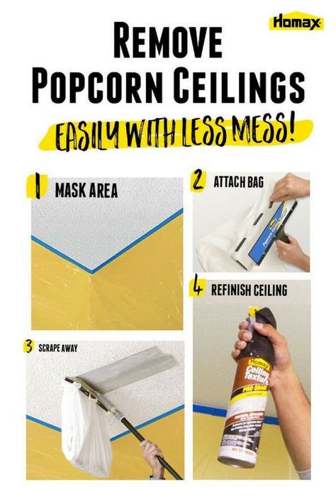 Easily Remove Popcorn Ceiling | The Homax Popcorn Ceiling Scraper provides a fast and easy way to scrape away unwanted ceiling texture while helping you contain the mess. So don’t worry about buying an outdated home with popcorn ceilings. You can easily and affordably remove it yourself. Click to learn tips and tricks from Homax®️️ to help make tough home improvement tasks and repairs easier. Remove Popcorn Ceiling, Removing Popcorn Ceiling, Easy Home Improvement Projects, Easy Home Improvement, Ceiling Texture, Popcorn Ceiling, Renovation Design, Home Repairs, Remodeling Ideas