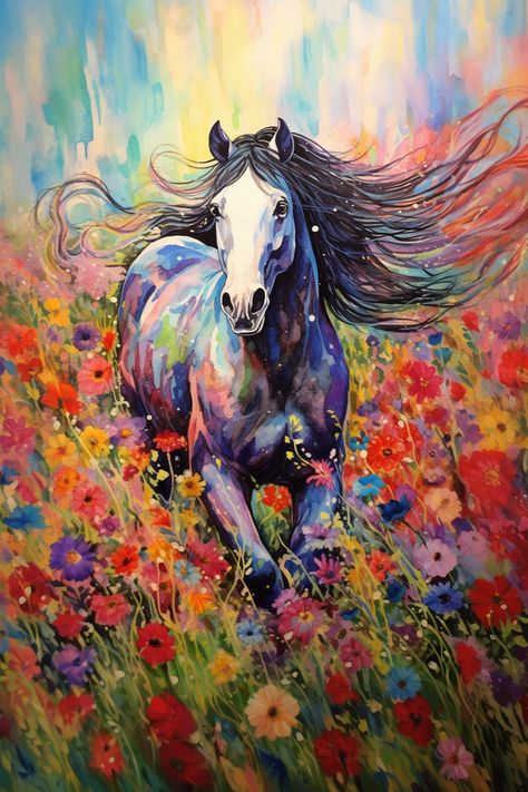 Beautiful Horse running in the field of flowers, colourful painting, Midjourney ai Horse With Flowers Drawing, Painting Of Horse, Running In A Field, Horse Running Drawing, 7 Horses Running Painting Full Hd, Flowers Colourful, Horse In Flower Field, Running Horses Painting, Horse Poster