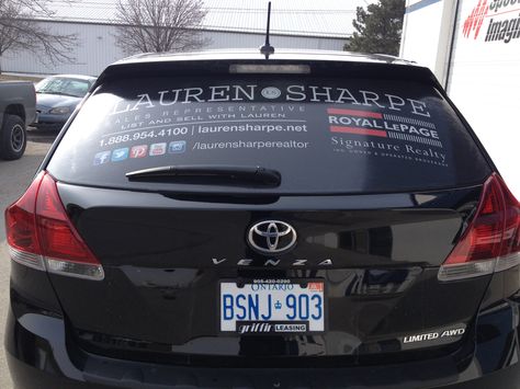 Very professional rear window perforated vinyl wrap completed for a local real estate agent.  Awesome! Car Decal Ideas, Window Advertising, Window Wrap, Realtor Signs, Decal Ideas, Real Estate Signs, Real Estate License, Car Vinyl, Window Graphics