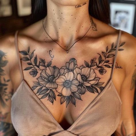 Woman’s Chest Tattoo, Shoulder Collar Bone Tattoo For Women, Chest Cover Up Tattoo Female, Side Chest Tattoo Female, Feminine Chest Tattoo, Chest Tattoo Flowers, Chest Piece Tattoo, Sea Tattoos, Front Shoulder Tattoos