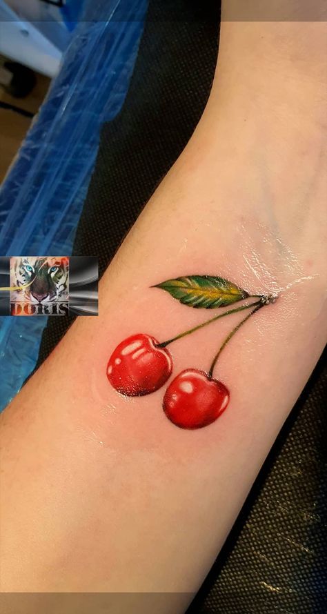 Juicy Cherry Tattoo, Cherry Vine Tattoo, Cherry Tattoo Vintage, Cherry Tattoo On Bum For Women, Cherry Tattoo Placement, Cherry Tattoo Design, Black Cherry Tattoo, Lip Print Tattoos, Tattoo Cherry