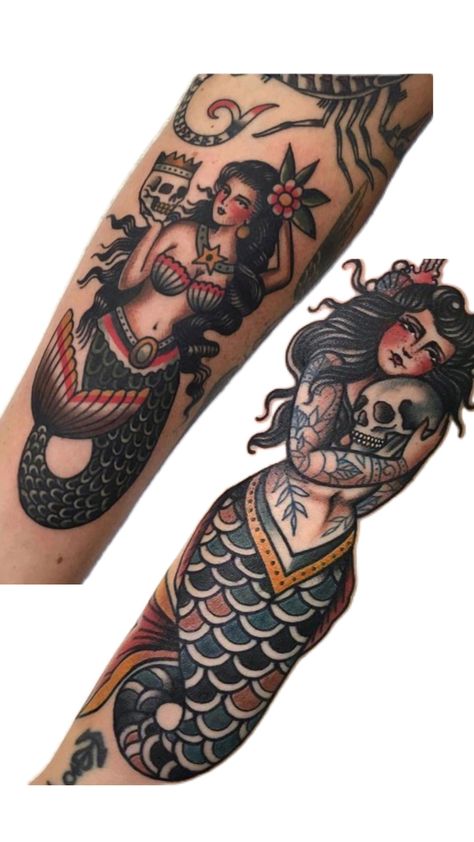 Vintage Nautical Tattoo, Vintage Mermaid Tattoo, Finger Drawings, Traditional Mermaid Tattoos, Traditional Dagger Tattoo, Cool Tattoos Ideas, Traditional Dagger, Pin Up Mermaid, Make Tattoos