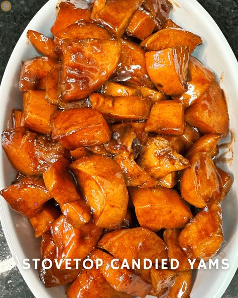 These Stovetop Candied Yams are easy and delicious. They take less than an hour to cook, making them perfect for holidays or weeknights! #candiedyams #sweetpotatoes #thanksgiving #sidedishes #soulfood #deepfriedhoney Stove Top Candied Yams, Candied Yams Easy, Cooking Yams, Candied Sweet Potato Recipes, Sweet Potato Varieties, Candied Yams Recipe, Canned Yams, Candied Yams, Yam Or Sweet Potato