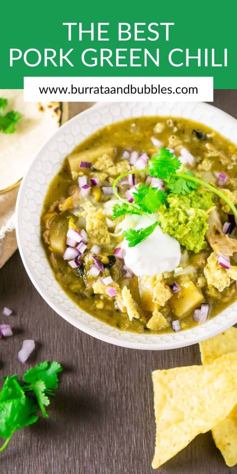 Let's get cozy and enjoy with a big bowl of this Colorado-style pork green chili! With its flavorful, tender chunks of pork shoulder and spicy peppers, this Colorado green chili is the perfect comfort food. Eat it as a hearty stew with your favorite chili toppings or smother it on your favorite dish. Shredded Pork Green Chili Recipe, Pork Green Chili Recipe Slow Cooker, Pork Green Chili Stew, Pork Green Chili Recipe Colorado, Green Chili With Pork, Colorado Green Chili Recipes, Pork Green Chili Recipe, Green Chili Pork Stew, Denver Green Chili