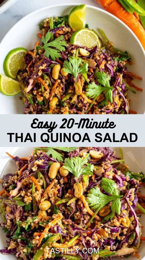 Thai Quinoa Salad is crunchy, colorful, and full of protein without adding meat. Crisp veggies like purple cabbage, grated carrots, and thinly sliced snow peas are paired with fluffy quinoa and creamy peanut butter dressing for a complete meal! Peanut Butter Dressing, Thai Quinoa Salad, Thai Quinoa, Butter Dressing, Fluffy Quinoa, Thai Salads, Purple Cabbage, Snow Peas, Salad Recipes For Dinner