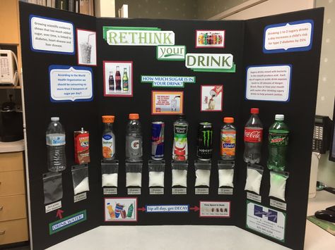 Rethink Your Drink! Sugary drinks are bad for your teeth! Drink Water! Stem Fair Projects, Sugar In Drinks, 6th Grade Science Projects, Winning Science Fair Projects, Kids Science Fair Projects, Easy Science Fair Projects, Elementary Science Fair Projects, Rethink Your Drink, Science Fair Board