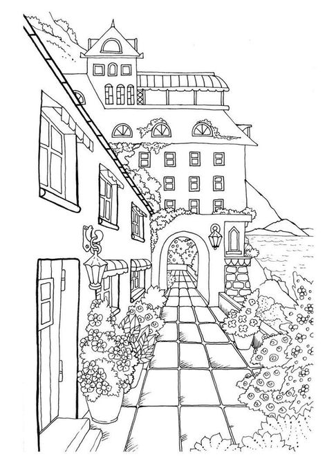 Modele Zentangle, Pola Sulam, Perspective Drawing, House Drawing, Coloring Book Art, Urban Sketching, Book Page, Coloring Book Pages, Coloring Pictures