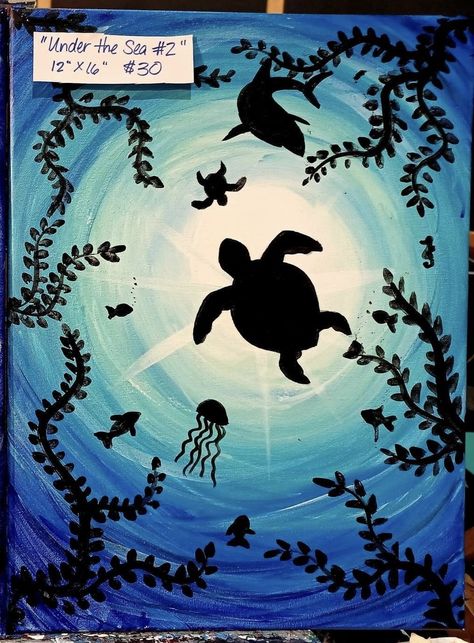 Underwater Silhouette Painting, Under The Ocean Art, Value Art Projects Elementary, Under The Sea Painting Easy, Under The Water Drawing, Under The Sea Art For Kids, Under The Ocean Painting, Under The Sea Art Projects, Underwater Painting Easy