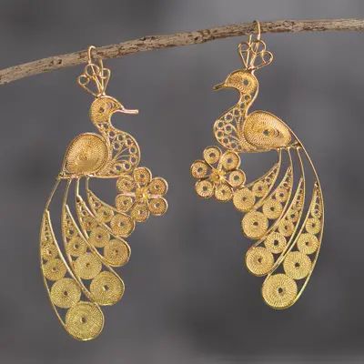 18k Gold Plated Bronze Filigree Peacock Earrings from Peru - Golden Peacocks | NOVICA Odisha Jewellery, Gold Dangle Jewelry With Peacock Design, Ornate Peacock Design Earrings For Celebration, Gold Peacock Design Earrings, Gold Dangle Earrings With Peacock Design, Quill Jewelry, Luxury Gold Peacock Design Earrings, Peacock Jewelry, Beautiful Bridal Jewelry