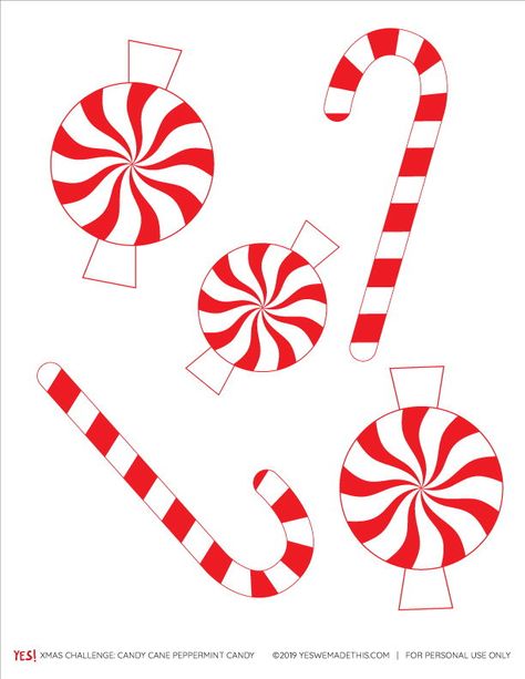 Make your Christmas party even more special with cute paper candy cane ornaments! We've designed this free printable template with candy canes and peppermint candies. Make them as a party garland, Christmas tree ornaments, or Christmas gift tags! #yeswemadethis #candycane #candycanecrafts #peppermintcandy #christmasornaments Candy Cane Paper Crafts, Christmas Candy Template, Candyland Templates Free Printable, Peppermint Candy Template Free Printable, Peppermint Template Free Printable, Candy Printables Free, Candycane Printable, Candy Cane Decorations Diy, Candy Printables