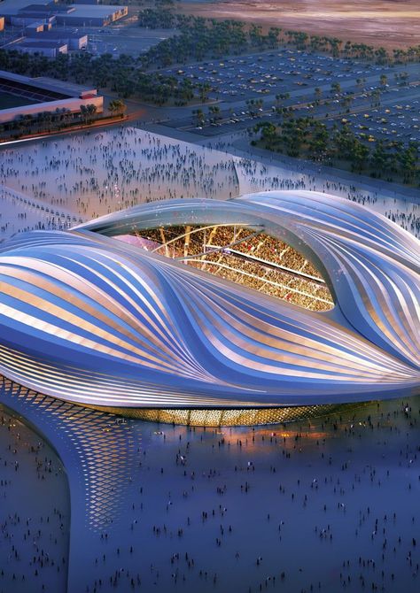 Qatar Football Stadium, Futuristic Building Design, Al Janoub Stadium, Qatar World Cup Stadiums, Qatar Stadium, Stadium Wallpaper, Bus Skin Design, World Cup Stadiums, Stadium Architecture