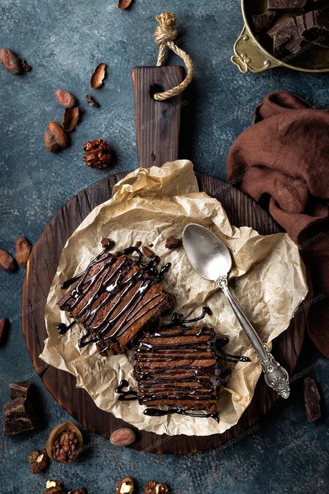 Chocolate brownie cake, dessert with nuts on dark background, directly above, flat lay By sea_wave¡¯s photos , #AD, #cake, #dessert, #Chocolate, #brownie Brownies Decorados, Food Photography Dessert, Chocolate Brownie Cake, Food Flatlay, Best Chocolate Desserts, Dark Food Photography, Dessert Photography, Food Photography Inspiration, Cake Photography