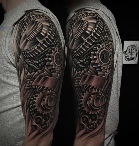 🔥 Biomechanical Tattoo Guide 🔥 with tons of examples Mechanical Tattoo, Biomechanical Tattoo Design, Gear Tattoo, Unique Half Sleeve Tattoos, Fake Tattoo Sleeves, Christian Sleeve Tattoo, Mechanic Tattoo, Biomechanical Tattoo, Skeleton Hand Tattoo