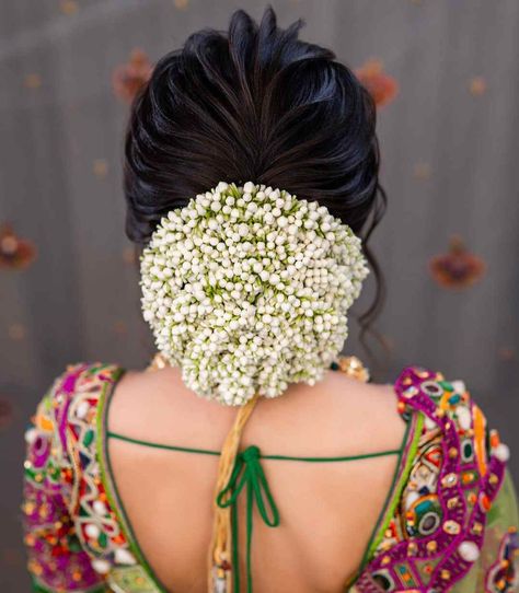 Flower Buns Hairstyle, Indian Bridal Hair Buns With Flowers, Bridal Bun Hairstyles Indian Front Look, Bridal Flower Bun, Bridal Bun Hairstyles Indian, Hair Bun With Flowers, Flower Bun Hairstyle, South Indian Hairstyle, South Indian Wedding Hairstyles