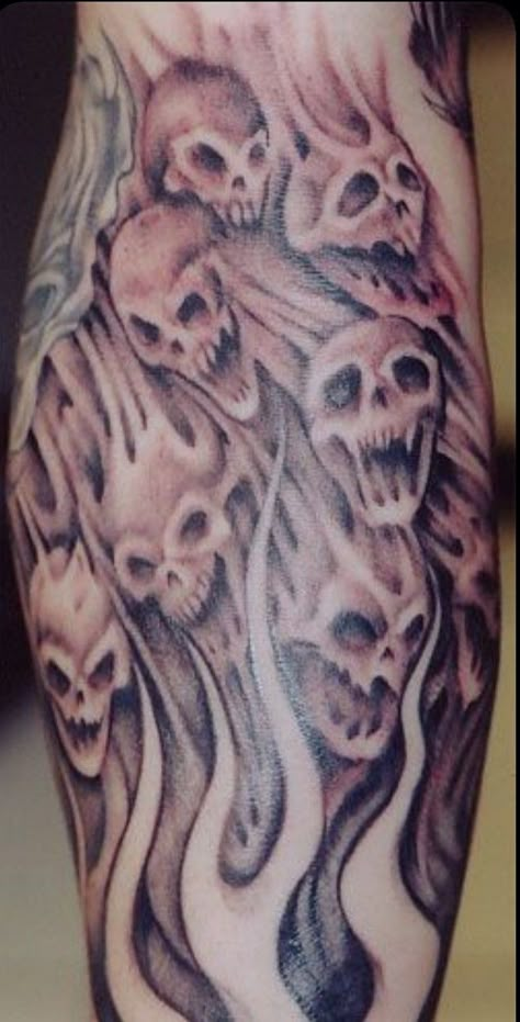 Skulls Filler Tattoo, Tattoo Shading Filler, Chest Shading Tattoo, Skull Filler Tattoo Ideas, Skull Tattoo Filler, Flame Sleeve Tattoo, Tattoos Of Skulls, Sleeve Skull Tattoo, Skull Flames Tattoo