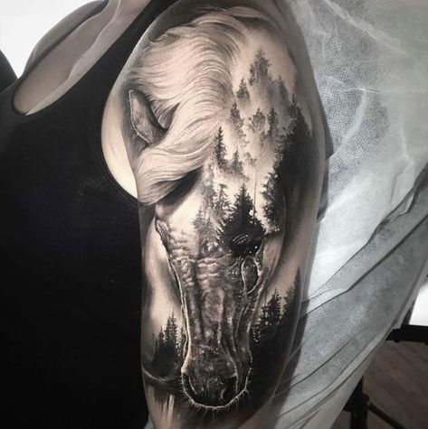 Horse Shoe Tattoo, Horse Tattoo Design, Cowgirl Tattoos, Bone Tattoos, Western Tattoos, Landscape Tattoo, Back Of Shoulder Tattoo, Horse Tattoo, Mountain Tattoo