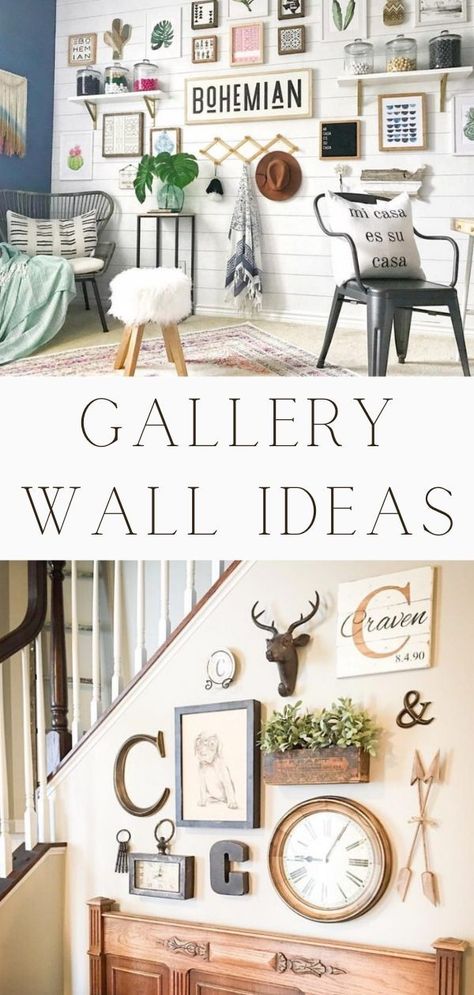 The great thing about a gallery wall collage is that there isn't a real order to where the pieces are hung. No need for a perfect line, layout or spaced a certain number of inches apart and what's not to love about the freedom in that. Check out loads of ideas and tips from farmhouse rustic style to eclectic to boho. DIY for the living room, bedroom, foyer, hall, staircase, kitchen, dorm, nursery and more. Above couch, inspiration too. Life on Summerhill. Gallery wall ideas Hanging Pictures On The Wall, Rustic Gallery Wall, Farmhouse Gallery Wall, Gallery Wall Ideas, Kitchen Gallery Wall, Boho Gallery Wall, Diy Gallery Wall, Farmhouse Living Room Decor Ideas, Gallery Wall Layout