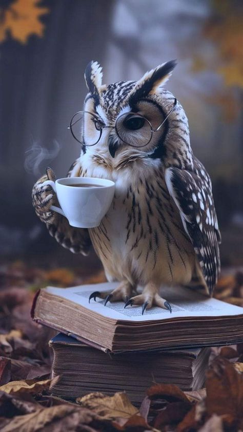 Owl Wearing Glasses, Great Horned Owl Aesthetic, Owl Wallpaper Backgrounds, Owl Wallpaper Iphone, Owl With Glasses, Owl Background, Holding A Cup Of Coffee, Thick Book, Wise Old Owl