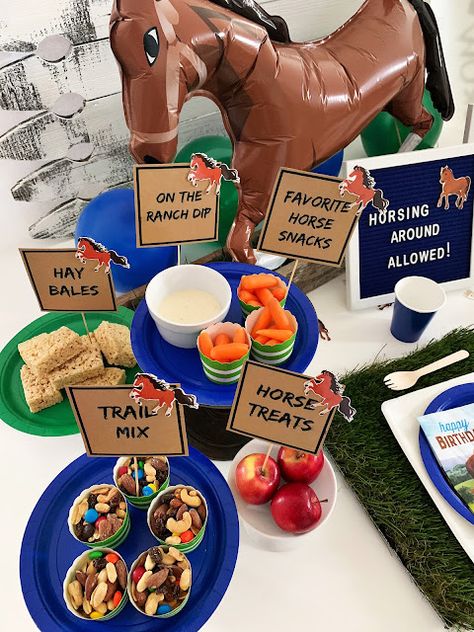 Horse Birthday Party Treats, Horse Party Centerpieces, Horse Party Games For Kids, Horse Party Snacks, Adopt A Horse Party Favor, Horse Themed Birthday Party Food, Horse Party Food Ideas, Toddler Horse Birthday Party, Off Two The Races Birthday Horse