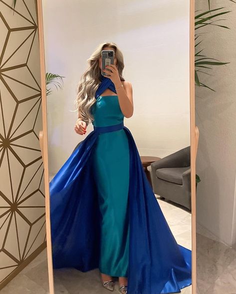 SF012 Arabic Royal Blue Contrast Turquoise Evening Dress with Overskirt Criss Cross Halter Women Wedding Party Dress Criss Cross Halter Top, Satin Evening Dresses, Blue Evening Dresses, Wedding Party Dress, Prom Dress Inspiration, فستان سهرة, Dubai Fashion, Abaya Fashion, Blue Satin