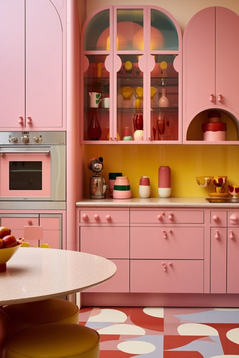 Pink pattern Kitchen in the style of playful use of shapes, leanne surfleet, pop-inspired, orient-inspired, rounded, bold palette, light pink and light amber Retro Glam Kitchen, Bar Decoration Ideas, Coffee Bar Decor Ideas, Pink Kitchen Cabinets, Coffee Bar At Home, Bar Decor Ideas, Retro Pink Kitchens, 80s Kitchen, Retro Kitchen Appliances