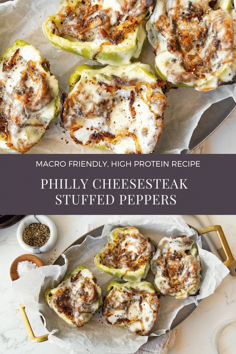 Low Cal Philly Cheesesteak, Low Calorie Philly Cheese Steak Bowl, Healthy Cheesesteak Bowl, Philly Cheesesteak Bell Peppers, Philly Chicken Stuffed Peppers, High Protein Philly Cheesesteak, Philly Cheesesteak Meal Prep, Stuffed Peppers Cheesesteak, Stuffed Bell Peppers Alfredo