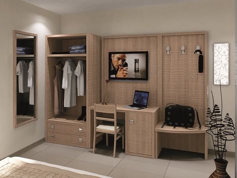 FASHION | Wardrobe for hotel rooms By Mobilspazio Hotel Room Design Plan, Small Hotel Room, Hotel Bedroom Design, Hotel Room Interior, Open Closet, Hotel Room Design, Wardrobe Room, Hotel Interior Design, Bedroom Dresser