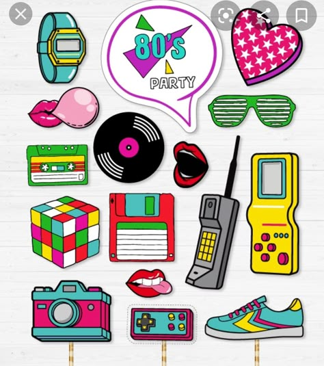 80s Party Printables, 80 90 Party Theme, 80s Illustration, 80s Stickers, 80s Party Decorations, 80s Birthday Parties, 90s Theme Party, 80s Theme Party, 70s Party