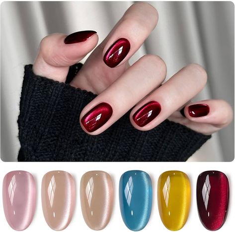 Cats Eye Nail Polish Gel, Burgundy Cat Eye Nails, Cats Eye Nails, Cat Eyes Nail, Nails Cat Eye, Red Cat Eye, Ombre Gel Nails, Gel Nail Set, Cat Eye Nails Polish