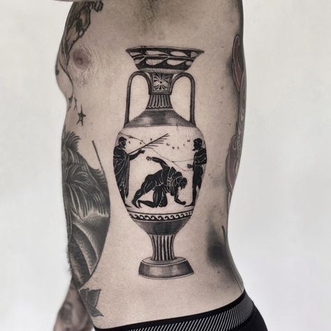 Ancient Greek Tattoo, Paintbrush Tattoo, Apollo Tattoo, Vase Tattoo, Mens Body Tattoos, Axis Mundi, Roman Tattoo, Ancient Art Tattoo, Cupid Tattoo