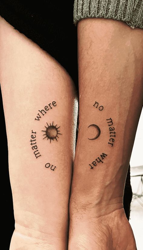 Mom Tattoo Aesthetic, Matching Space Tattoos Couples, Boho Couple Tattoos, Boy And Girl Best Friend Tattoos, Small Couples Tattoo Matching, Cool Matching Tattoos For Best Friends, Guy And Girl Best Friend Tattoos, Half Tattoo Matching, Soulmate Tattoo Matching Best Friends