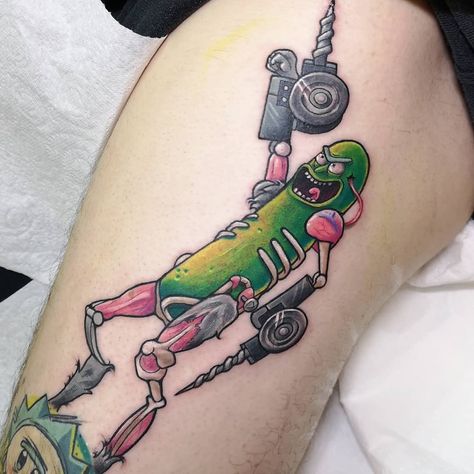 Pickle Rick done by myself @sareushtattoos (Inkantations Northampton UK) I managed to pick up an award with this piece 2nd place Best New School at a convention :) Rick And North Tattoo, Mr Poopybutthole Tattoo, Pickle Rick Tattoo, Rick Tattoo, Savage Tattoo, Convention Tattoo, Rick And Morty Tattoo, 90s Tattoos, Music Tattoo Sleeves