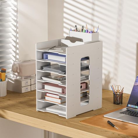 PRICES MAY VARY. 【Multifunctional Desktop Organizer】- Keep your workspace organized and efficient with our desktop organizer, measuring 9.0L x 12.2W x 15.75H inches. It includes 7 spacious compartments, each with a height of 2.3 inches, perfect for storing A4 paper, folders, books, and magazines. An additional pen holder (6.30L x 5.12W x 3.54H inches) offers extra space for writing instruments and small office supplies. This organizer is perfect for use at home, in the office, or at school, and Desk Organizing, Aesthetic Stationary Organization, Kids Desk Organization, Office Files, Stationary Organization, Office Supply Organization, Kids' Desk, Desk Organization Office, Office Crafts