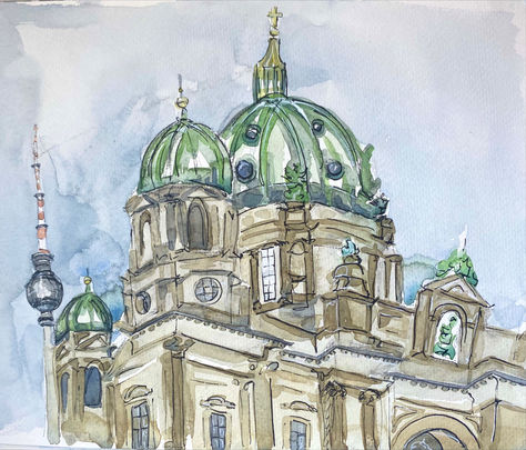 Berlin City Aesthetic, Travelling Sketchbook, Watercolor Paintings Ideas, Sketchbook Drawing Ideas, Paintings Techniques, Island Watercolor, Berlin Cathedral, Watercolor Paintings For Sale, Draw Watercolor