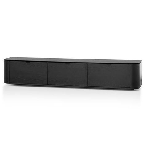 Dwell Scandinavian Lowline TV Unit - Walnut - Black | Interior Secrets Black Entertainment Unit, Tv Entertainment Unit, Dark Palette, Oak Tv Unit, Oak Interior, Curved Tvs, Dark Color Palette, Tv Entertainment Units, Timber Veneer