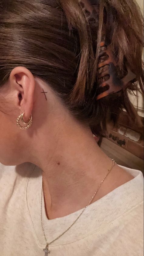 Behind The Ear Cross Tattoo, Music Note Tattoo Behind Ear, Cross Tattoo Behind Ear, Cross Behind Ear Tattoo, Colorado Tattoo, Simple Cross Tattoo, Small Cross Tattoo, Secret Tattoo, Behind Ear Tattoos