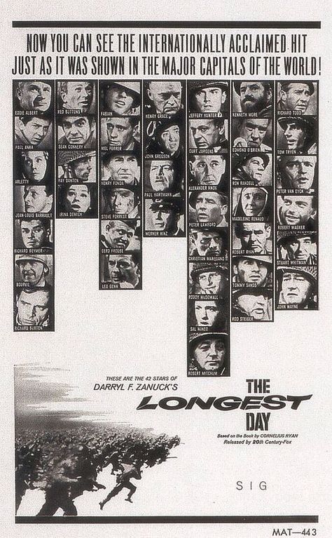 Poster from the film The Longest Day Irina Demick, Steve Forrest, Sal Mineo, Richard Beymer, Roddy Mcdowall, Rod Steiger, Jeffrey Hunter, 1960s Movies, Paul Anka