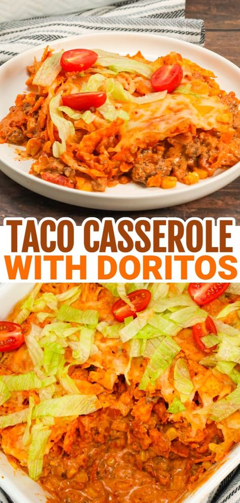 Taco Casserole with Doritos is an easy ground beef casserole recipe loaded with Rotel diced tomatoes and green chilies, salsa, cheddar cheese soup, corn, crumbled Doritos nacho chips and shredded cheese. Taco Casserole Recipes Doritos, Street Taco Casserole, Taco Bake Doritos, Dorito Taco Casserole Bake, Taco Bake Casserole With Doritos, Walking Taco Casserole Doritos, Taco Bake With Doritos, Taco Bake With Fritos, Dorito Bake