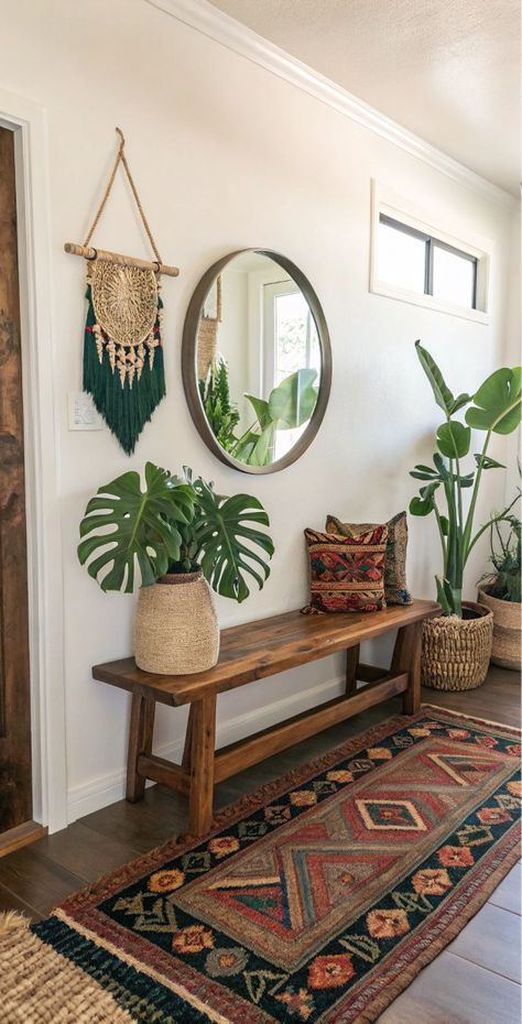 A boho entryway decor idea that combines earthy tones and rustic accents. This design brings a cozy, welcoming feel to any entryway, with a focus on boho style elements. It’s perfect for creating a relaxed, aesthetic atmosphere right at the door. Save this pin for boho entryway inspiration! Boho Mudroom Entryway, Boho Chic Entryway, Boho Entryway Ideas, Narrow Entryway Ideas, Boho Entry, Bohemian Entryway, Bohemian Hallway, Boho Entryway, Aesthetic Atmosphere