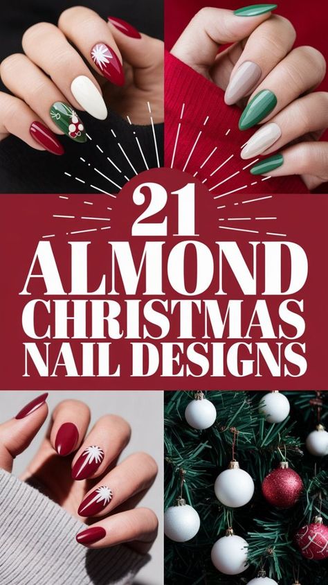 Christmas Nail Art Almond Shape, Cute Christmas Nails Almond Shape, Winter Nails Long Almond, Holiday Nails Winter Christmas Almond, Almond Shaped Holiday Nails, Almond Shape Holiday Nails, Christmas Nails Gel Almond, Simple Almond Christmas Nails, Short Almond Holiday Nails