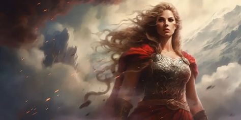 Thrud Goddess, Thor Wife, Asgard Aesthetic, Norse Goddesses, Thor's Daughter, Nordic Gods, Powerful Goddess, Viking Horn, Goddess Aesthetic