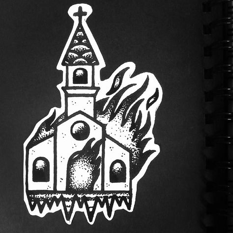 Fire Drawing Easy, Traditional Candle Tattoo, Church On Fire, Church Tattoo, Burning Church, Traditional Tattoo Flash Art, Bible Tattoos, Woodcut Tattoo, Traditional Tattoo Inspiration